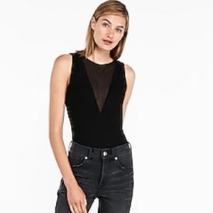 Mesh v-neck in front and back thong bodysuit.